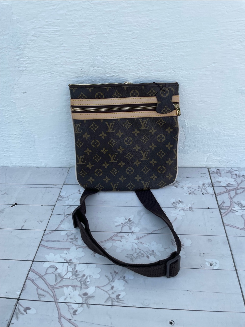 Monogram Canvas Messenger Bag in Brown with Tan Trim